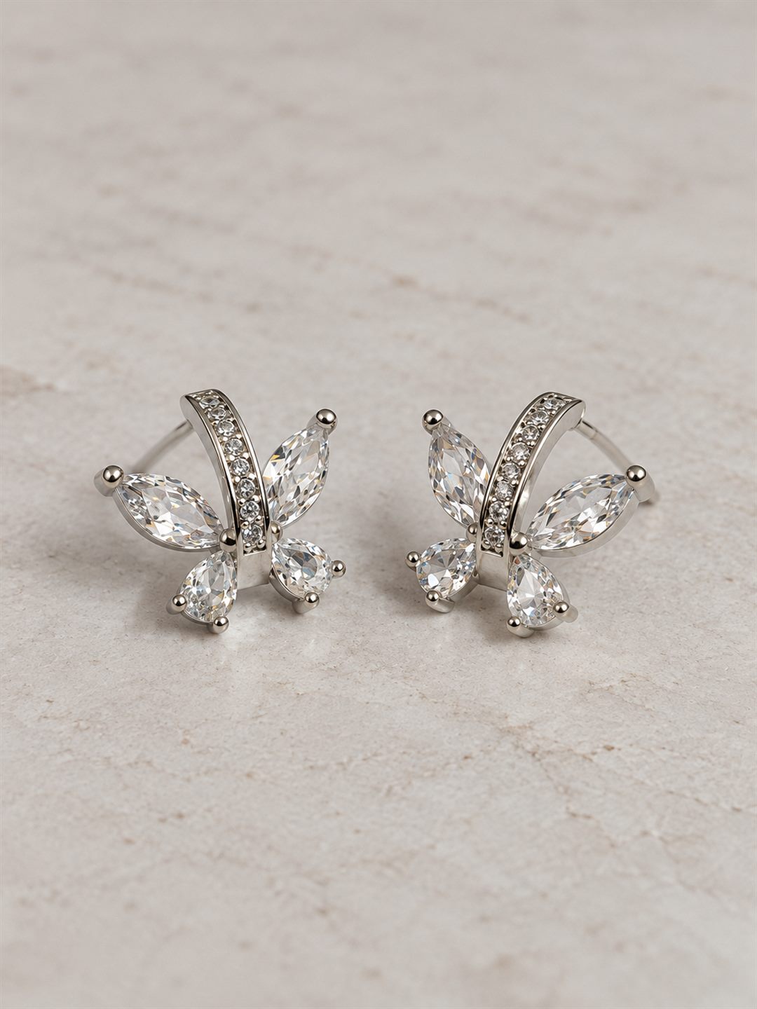 Clear Marquise Leaf Spray Stud Earrings, silver plated, lifestyle view