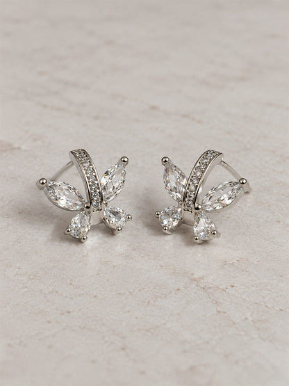 Clear Marquise Leaf Spray Stud Earrings, silver plated, lifestyle view