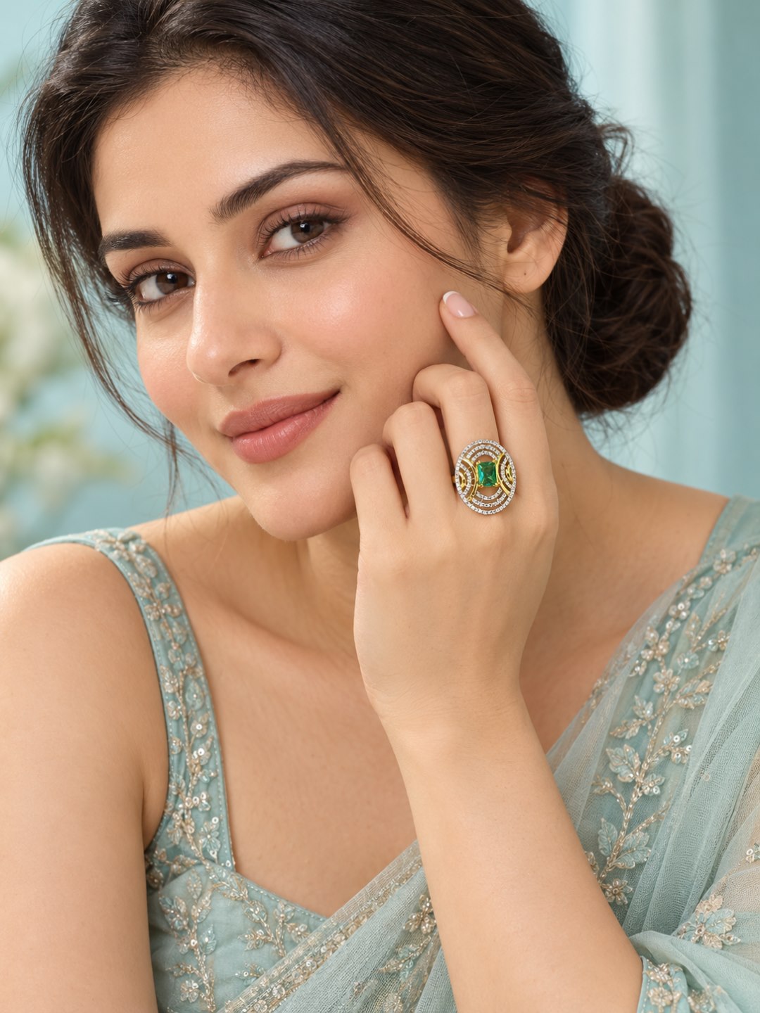 Sea Green Center Stone Oval Geometric Halo Ring - Gold Plated