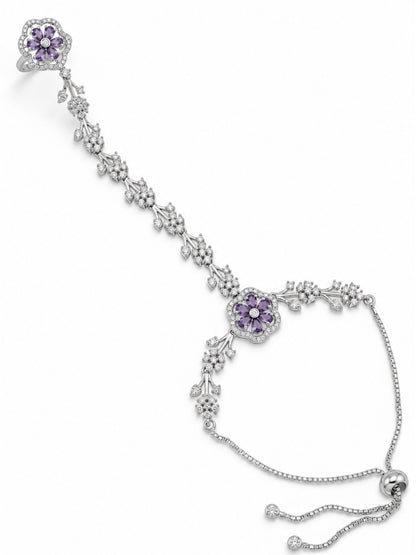 Purple silver-plated floral marquise-stone chain hathphool