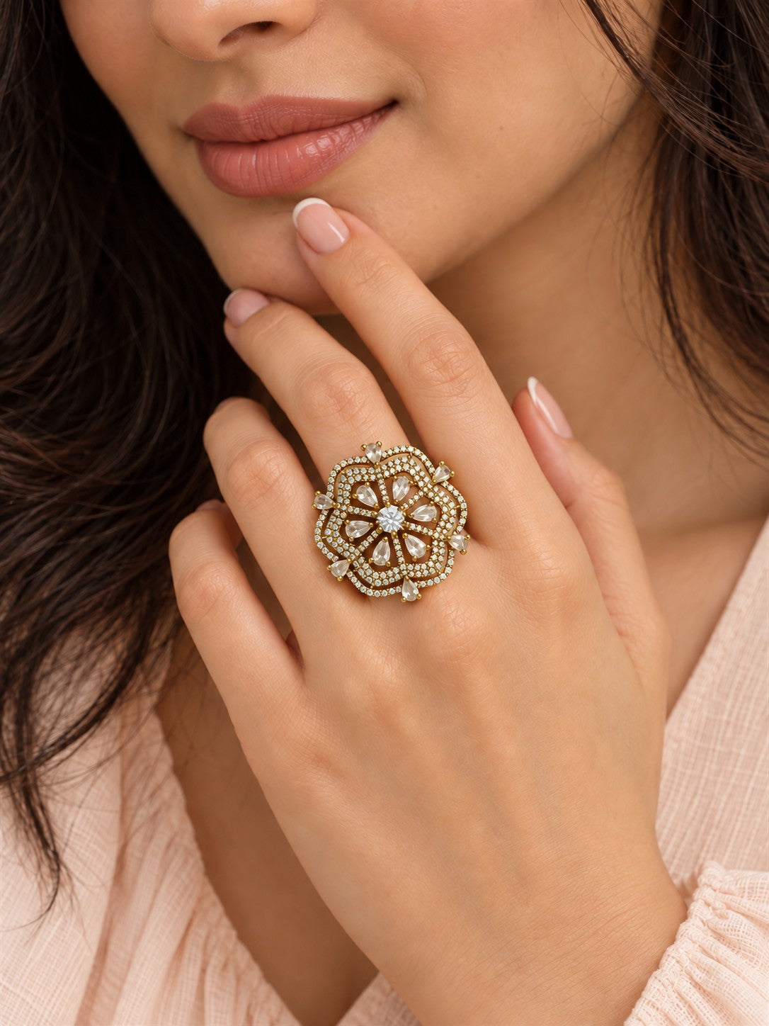 Clear Stone Scalloped Floral Halo Ring - Gold Plated, model close-up