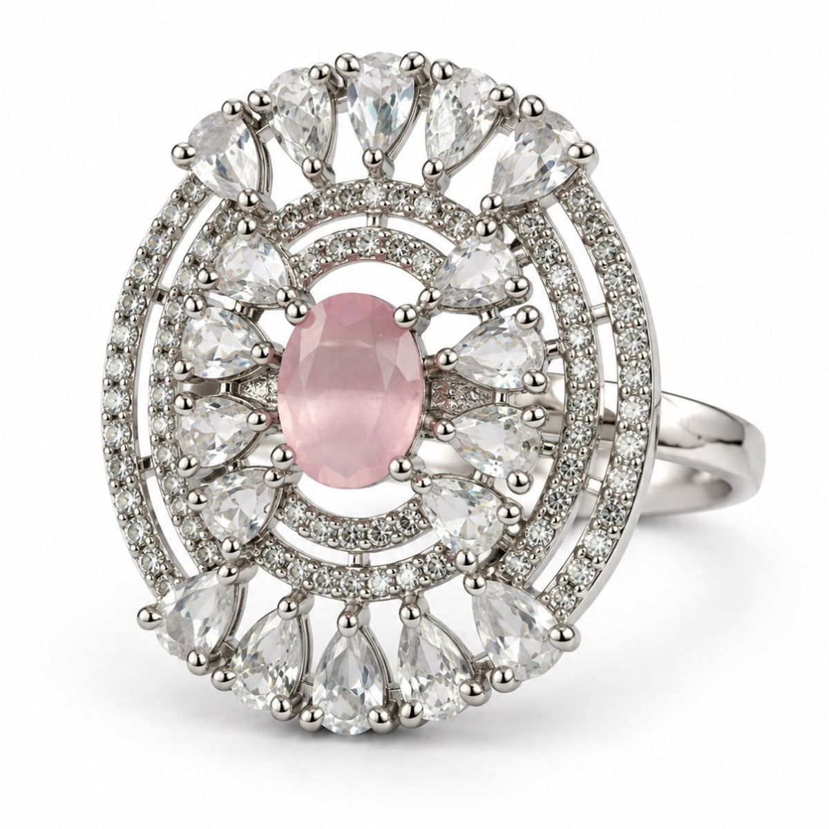Pink Oval Center Halo Ring - Silver Plated - product view