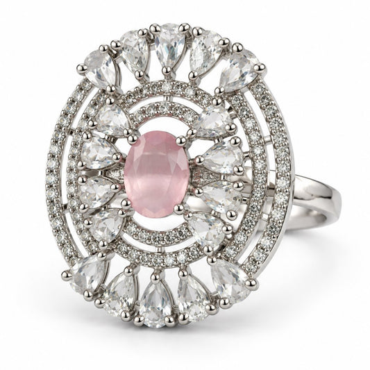 Pink Oval Center Halo Ring - Silver Plated - product view