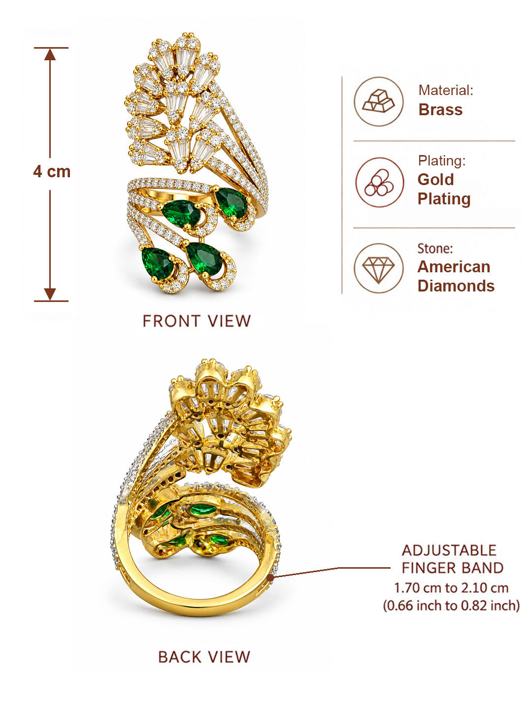 Gold Plated Green AD Adjustable Cocktail Ring For Women - dimensions and product details