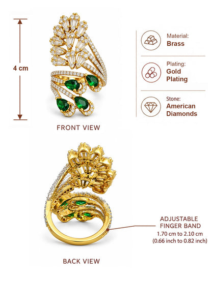 Gold Plated Green AD Adjustable Cocktail Ring For Women - dimensions and product details