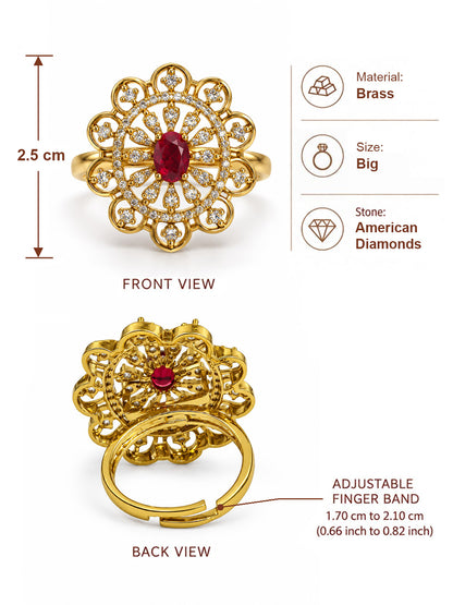 Red Stone Scalloped Sunburst Ring - Gold Plated, additional view 6