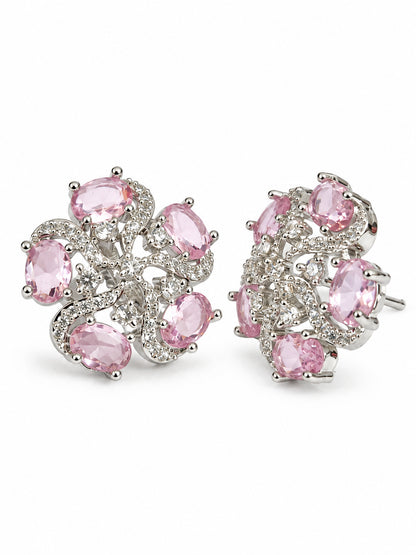 Pink Oval Stone Floral Stud Earrings in silver plating