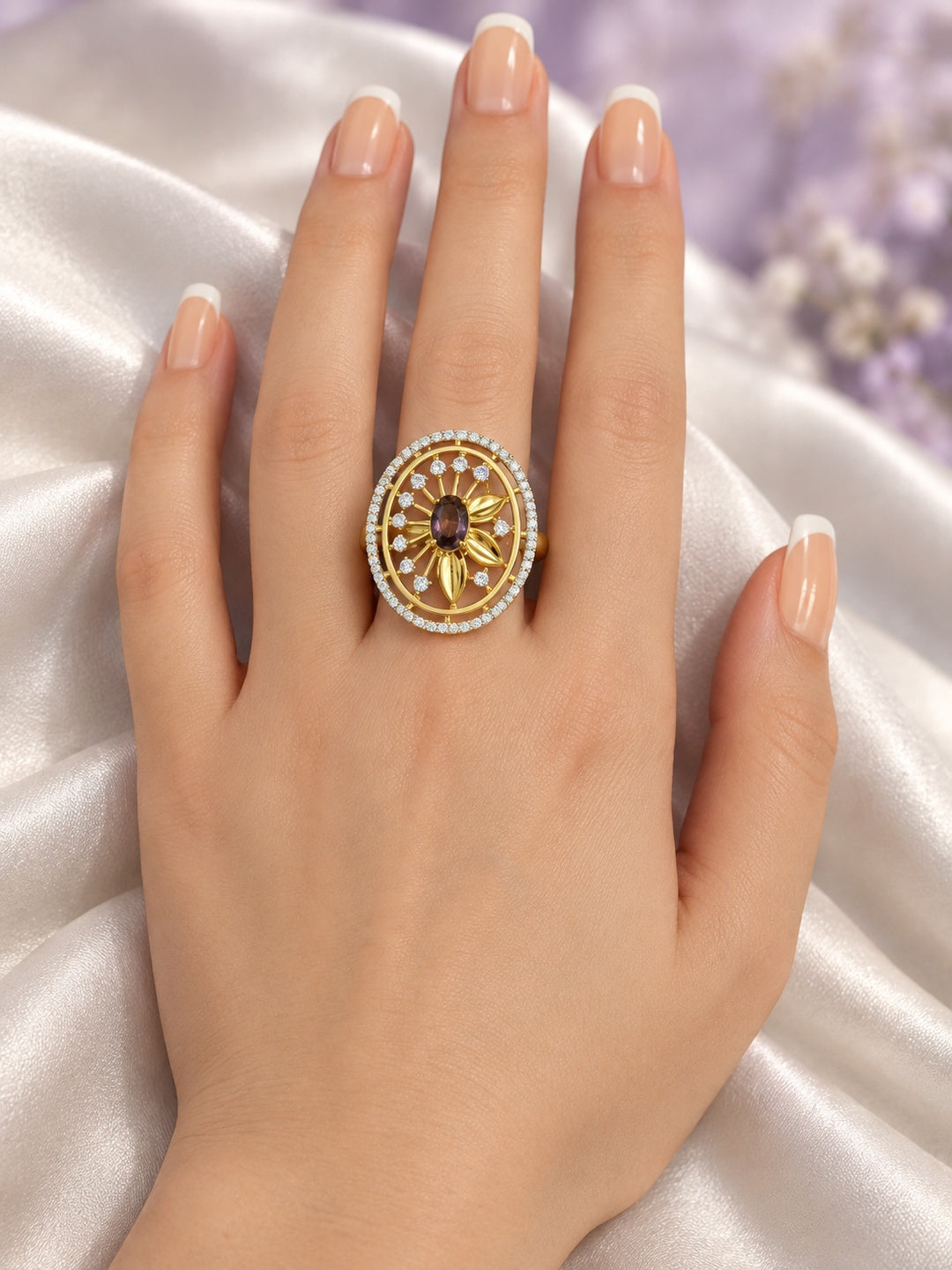 Purple Center Stone Oval Sunburst Ring - Gold Plated - model close-up