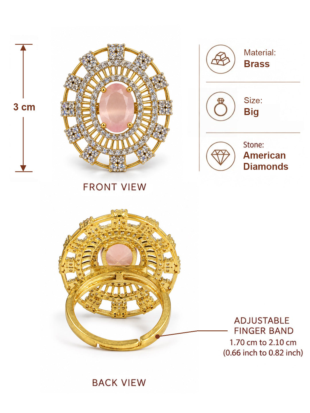 Pink Center Stone Baguette Halo Ring - Gold Plated