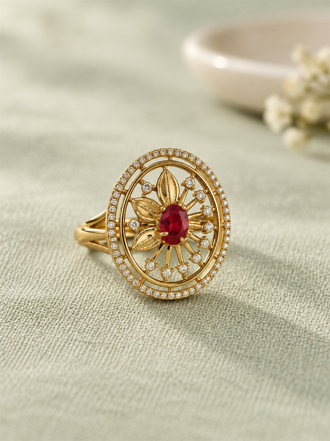 Red Stone Oval Sunburst Ring - Gold Plated, additional view 3