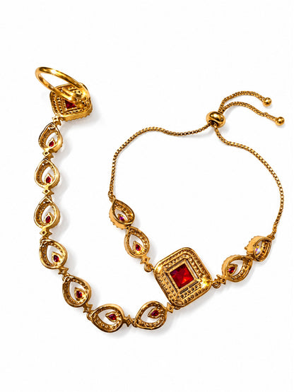 Red Square Halo and Teardrop Hathphool - Mehndi Plated