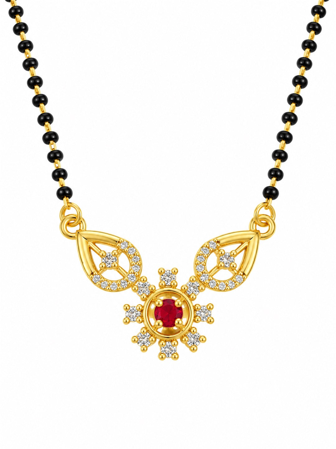 Red flower and open leaf gold-plated mangalsutra