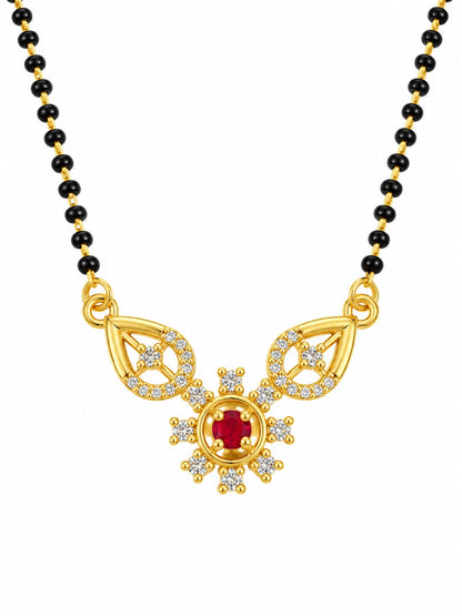 Red flower and open leaf gold-plated mangalsutra