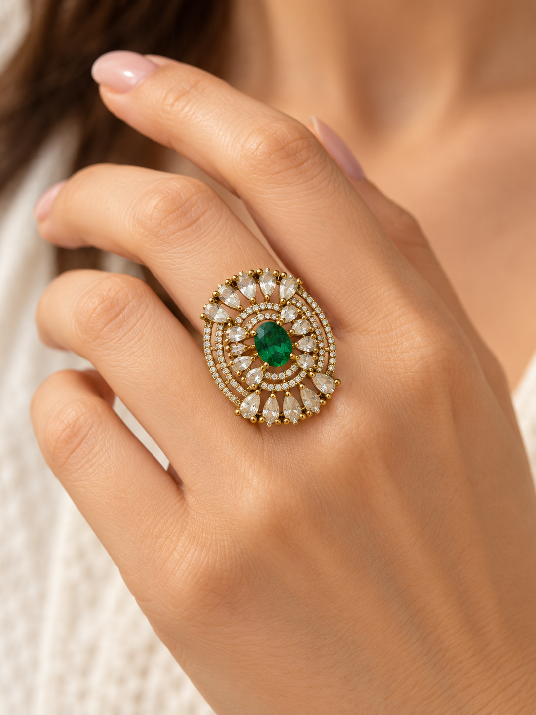 Green Stone Oval Teardrop Halo Ring - Gold Plated, model close-up