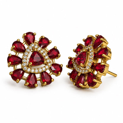Red Triangle Center Halo Stud Earrings - Gold Plated