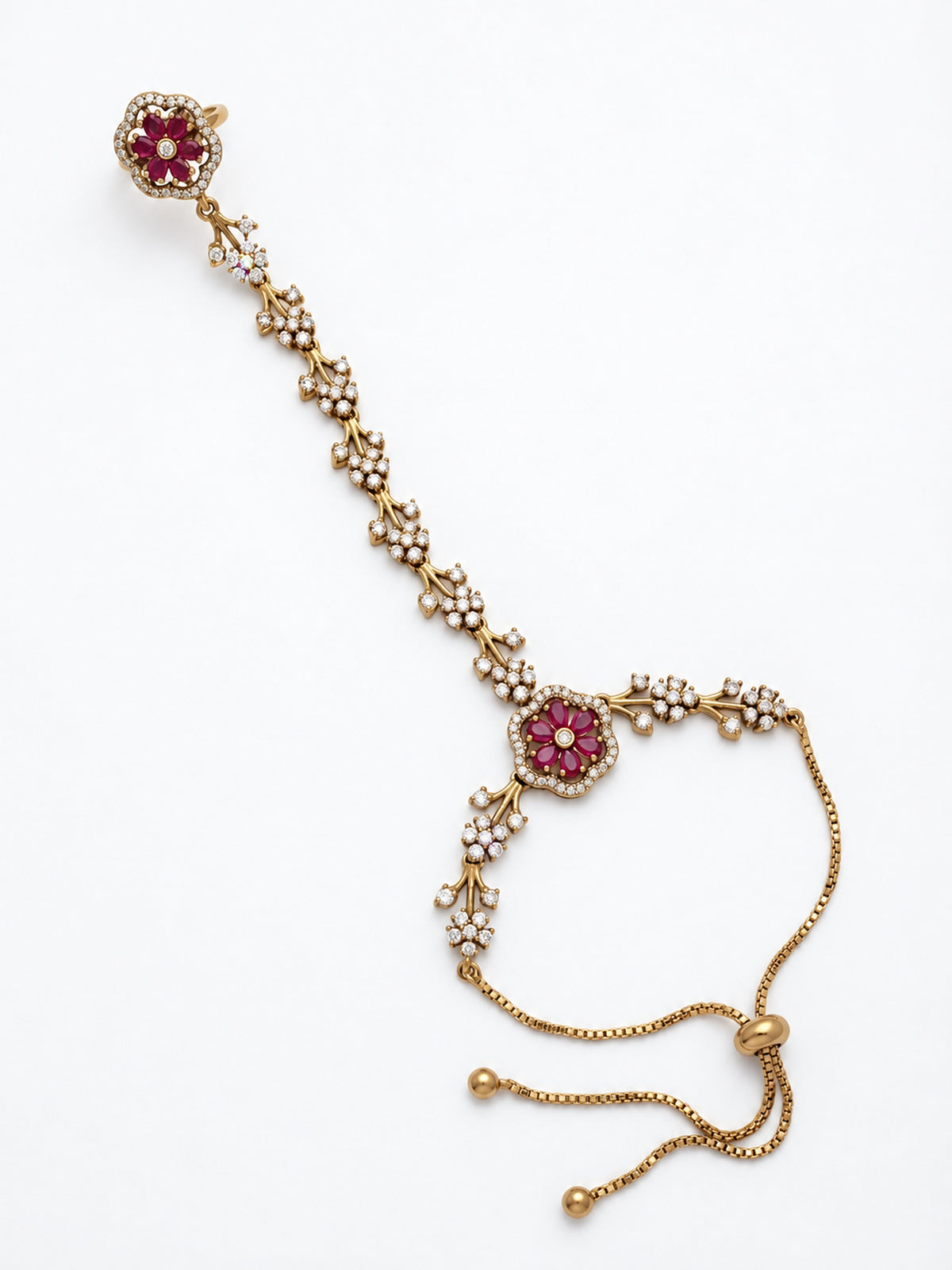 Red Floral Marquise-Stone Chain Hathphool - Mehndi Plated