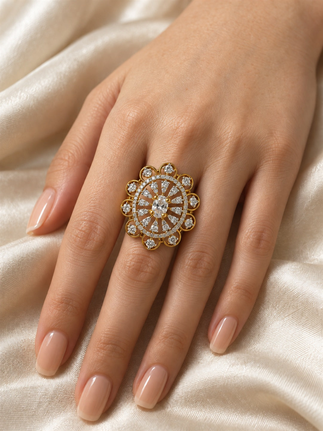 Clear Stone Scalloped Sunburst Ring - Gold Plated, model close-up