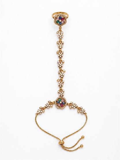 Multicolor Floral Marquise-Stone Chain Hathphool - Mehndi Plated