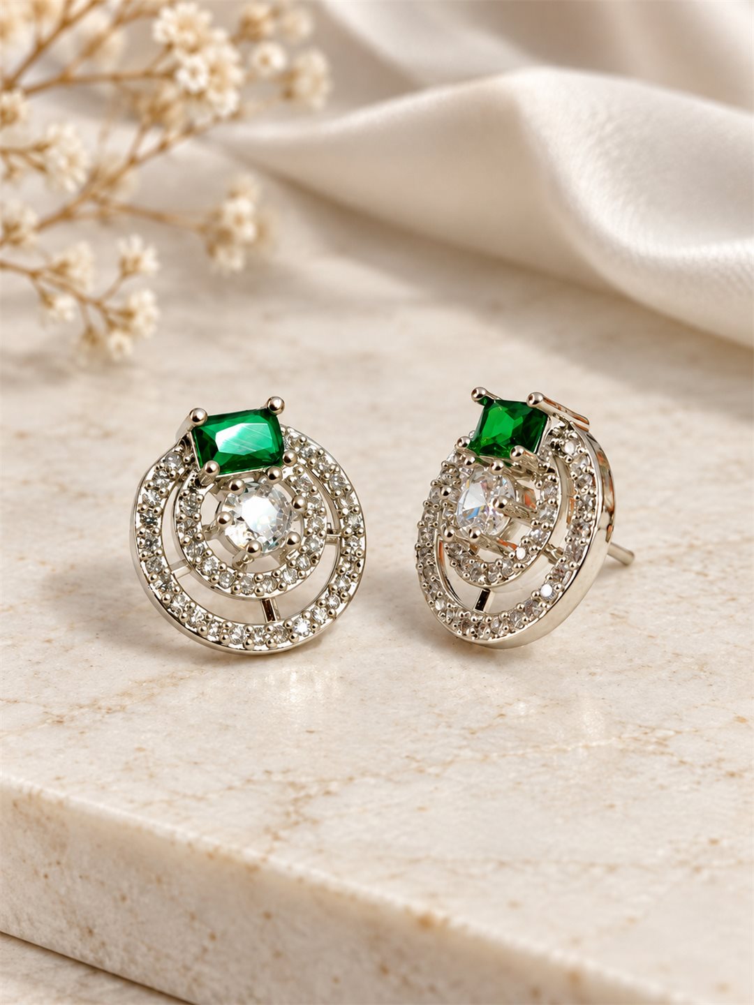 Green Stone Double Halo Stud Earrings, silver plated, lifestyle view
