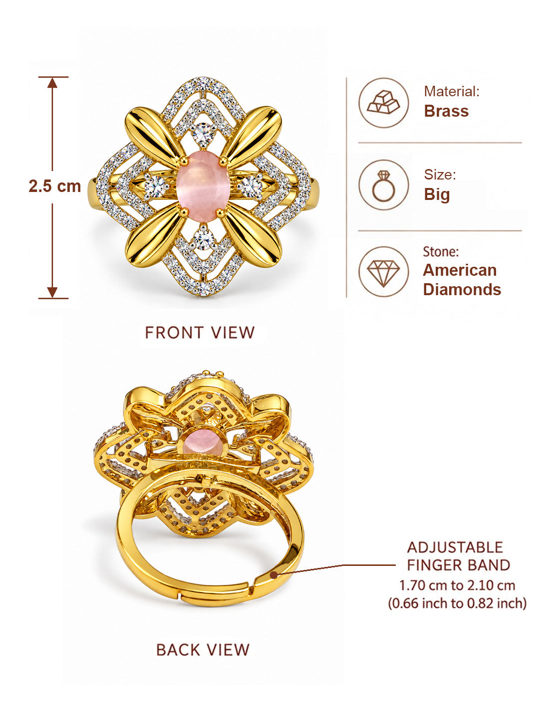 Pink Center Stone Four-Petal Floral Ring - Gold Plated