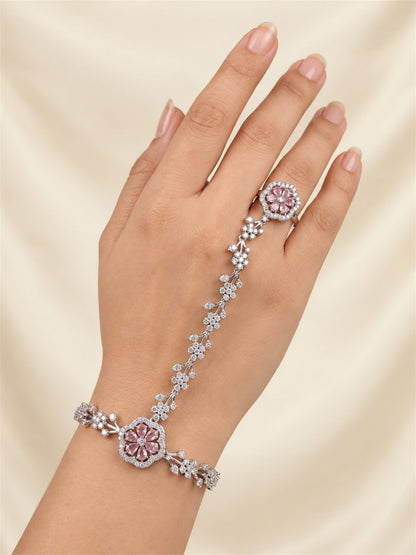 Pink silver-plated floral marquise-stone chain hathphool worn on hand
