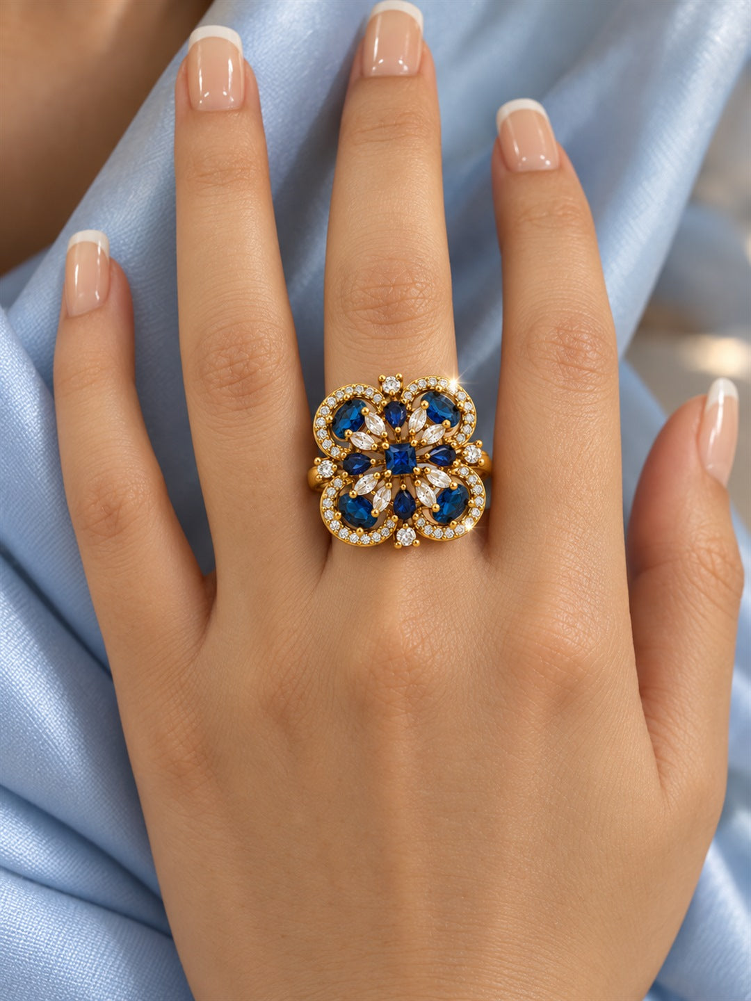 Blue Stone Four Leaf Clover Cluster Ring - Gold Plated, model close-up