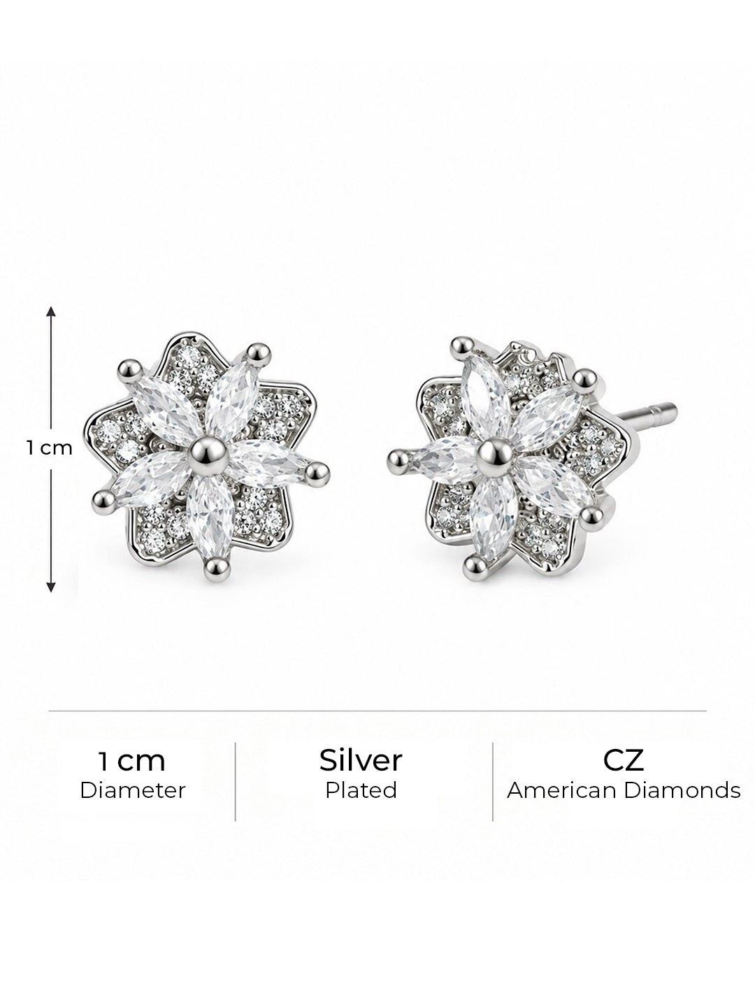 Clear Marquise Floral Cluster Stud Earrings, silver plated, size and plating details