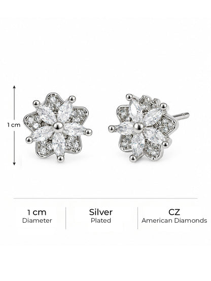 Clear Marquise Floral Cluster Stud Earrings, silver plated, size and plating details
