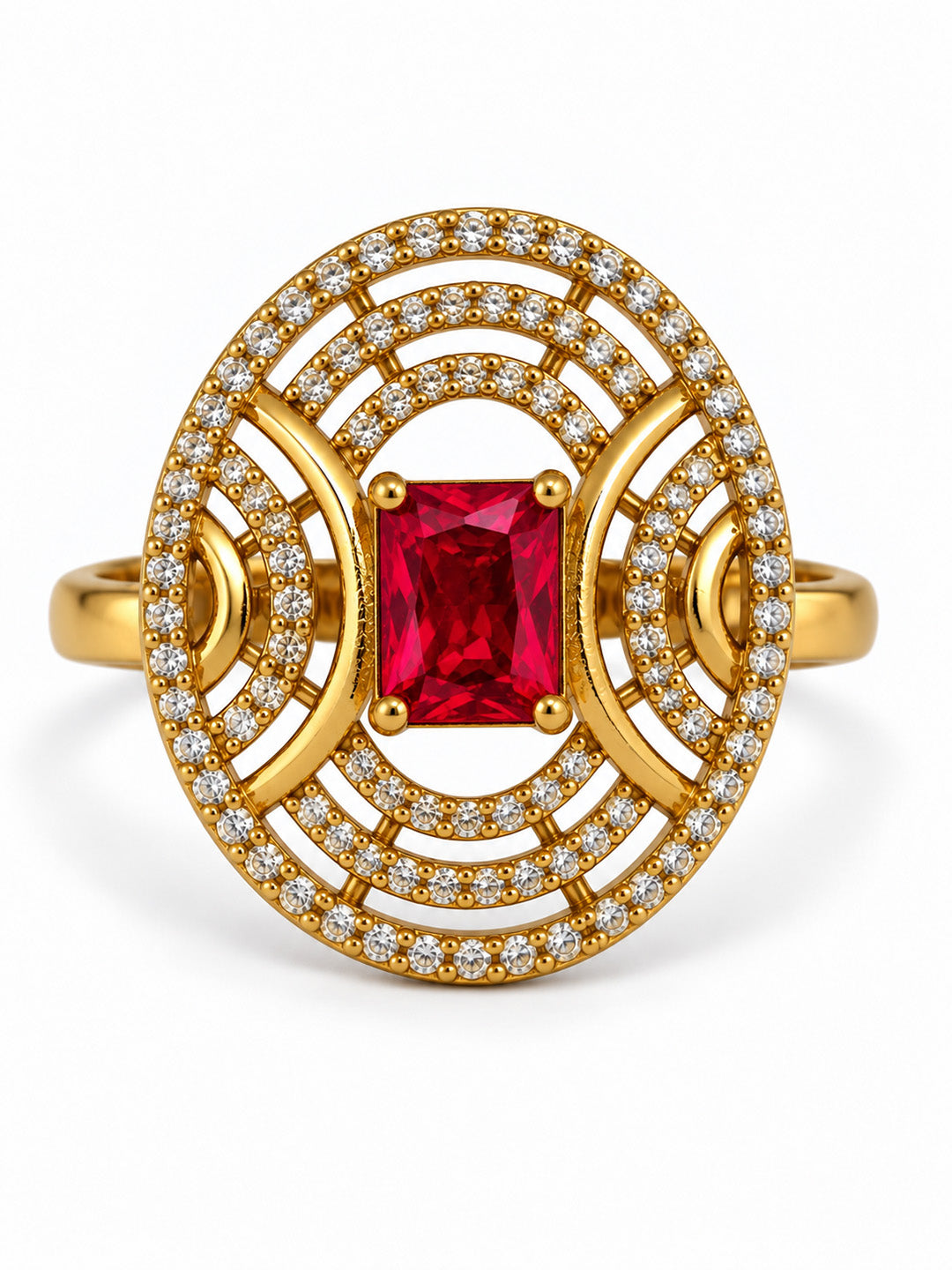 Red Stone Rectangular Stone Oval Halo Ring - Gold Plated, additional view 7