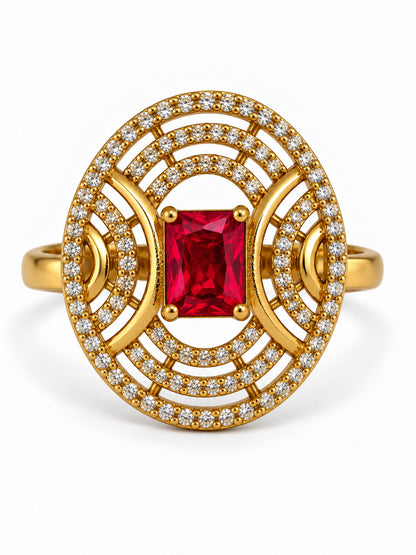 Red Stone Rectangular Stone Oval Halo Ring - Gold Plated, additional view 7
