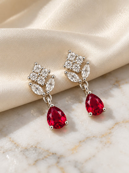 Red Teardrop Floral Drop Earrings - Silver Plated, additional view 3