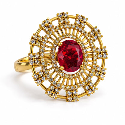 Red Stone Oval Baguette Halo Ring - Gold Plated, product view