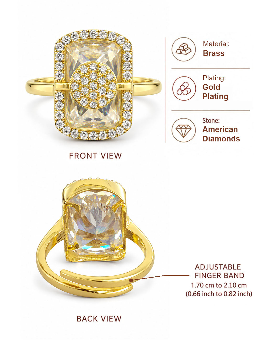 Gold Plated AD Adjustable Trendy Finger Ring - dimensions and product details