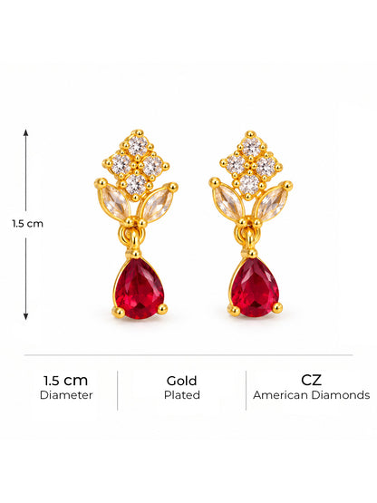 Red Teardrop Floral Drop Earrings - Gold Plated, additional view 5