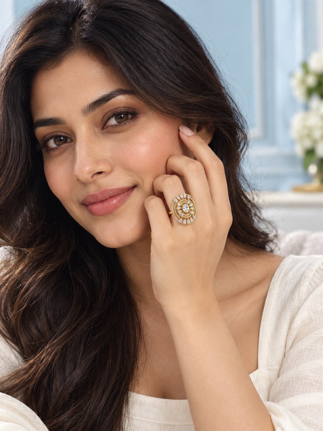 Clear Stone Oval Teardrop Halo Ring - Gold Plated, additional view 2