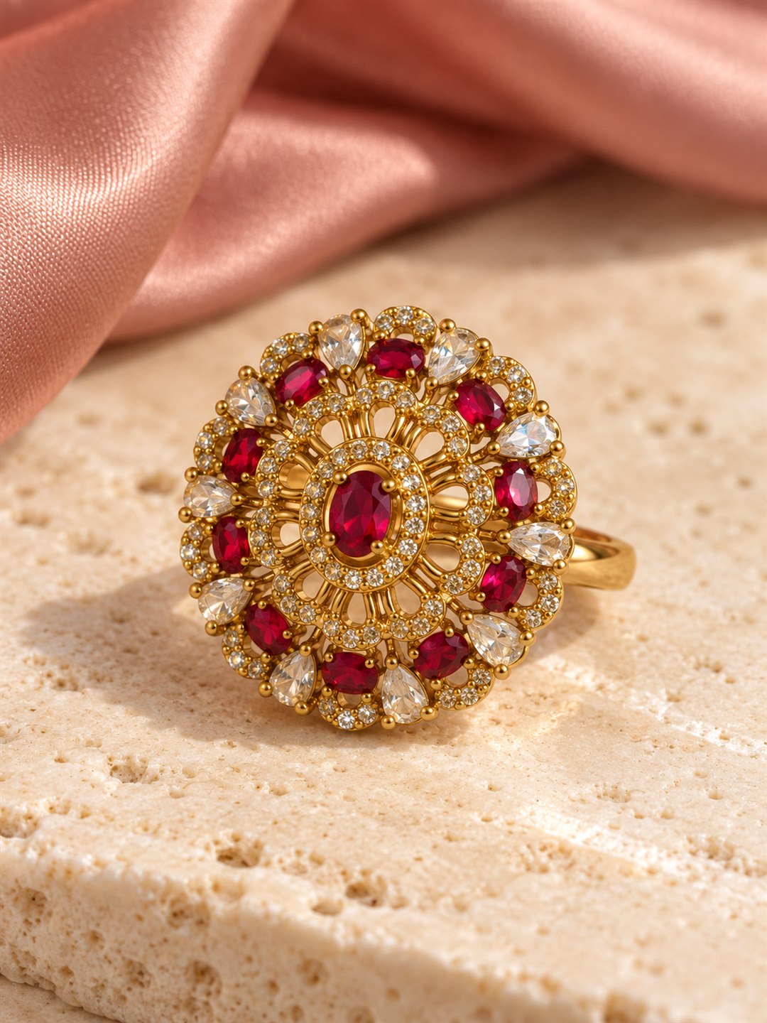Red Stone Ornate Floral Cluster Ring - Gold Plated, additional view 3