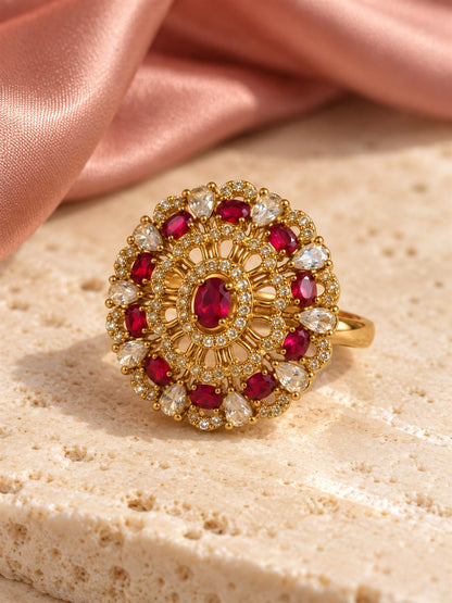 Red Stone Ornate Floral Cluster Ring - Gold Plated, additional view 3