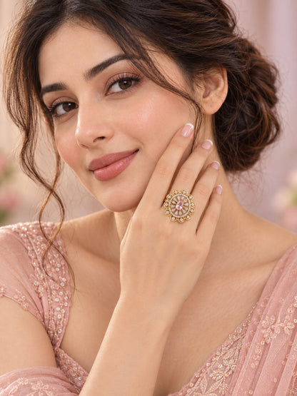 Pink Center Stone Scalloped Floral Halo Ring - Gold Plated