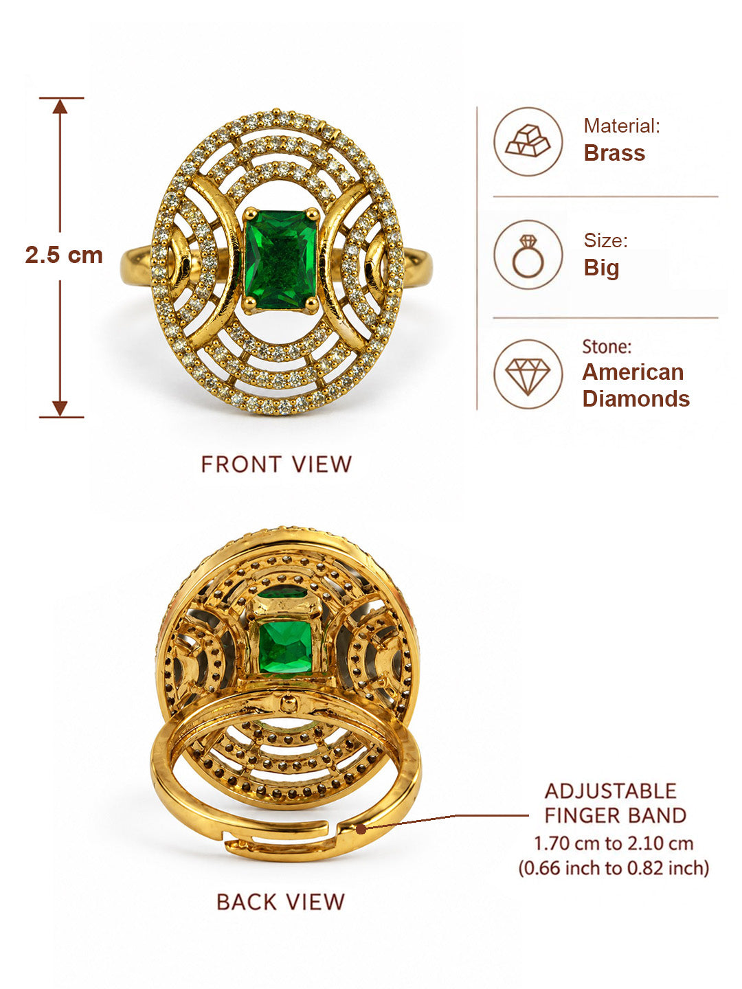 Green Stone Rectangular Stone Oval Halo Ring - Gold Plated, additional view 6