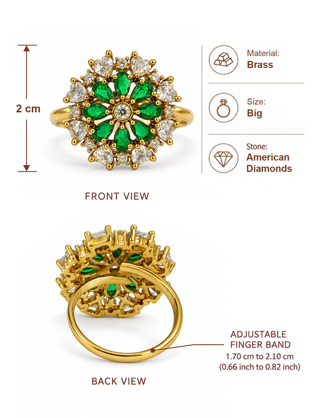 Green Stone Teardrop Floral Cluster Ring - Gold Plated, additional view 6