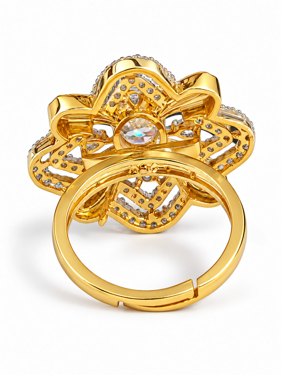 White Center Stone Four-Petal Floral Ring - Gold Plated
