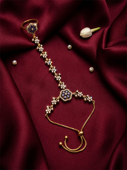 Purple Floral Marquise-Stone Chain Hathphool - Mehndi Plated