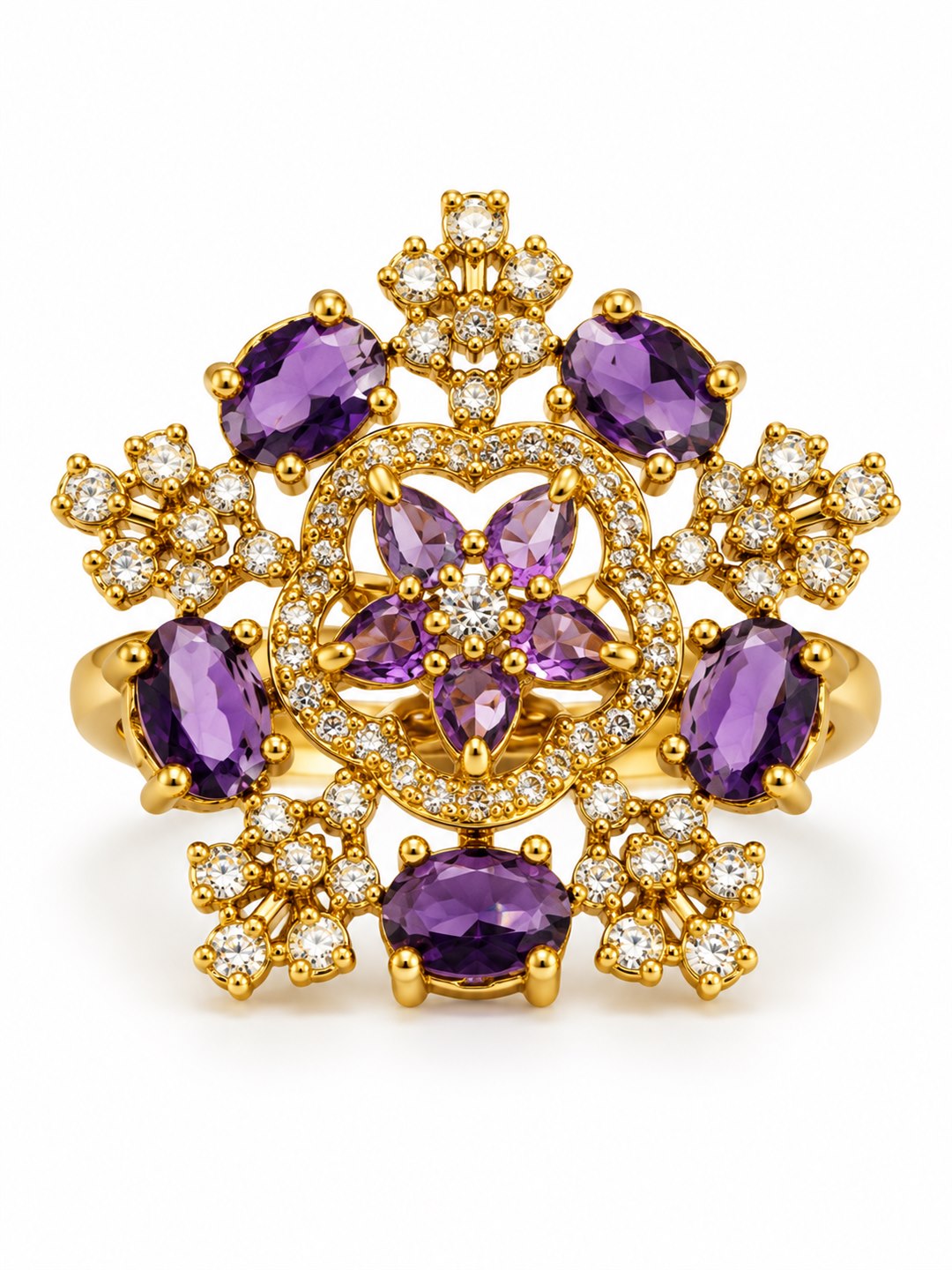 Purple Stone Floral Cross Cluster Ring - Gold Plated, additional view 4