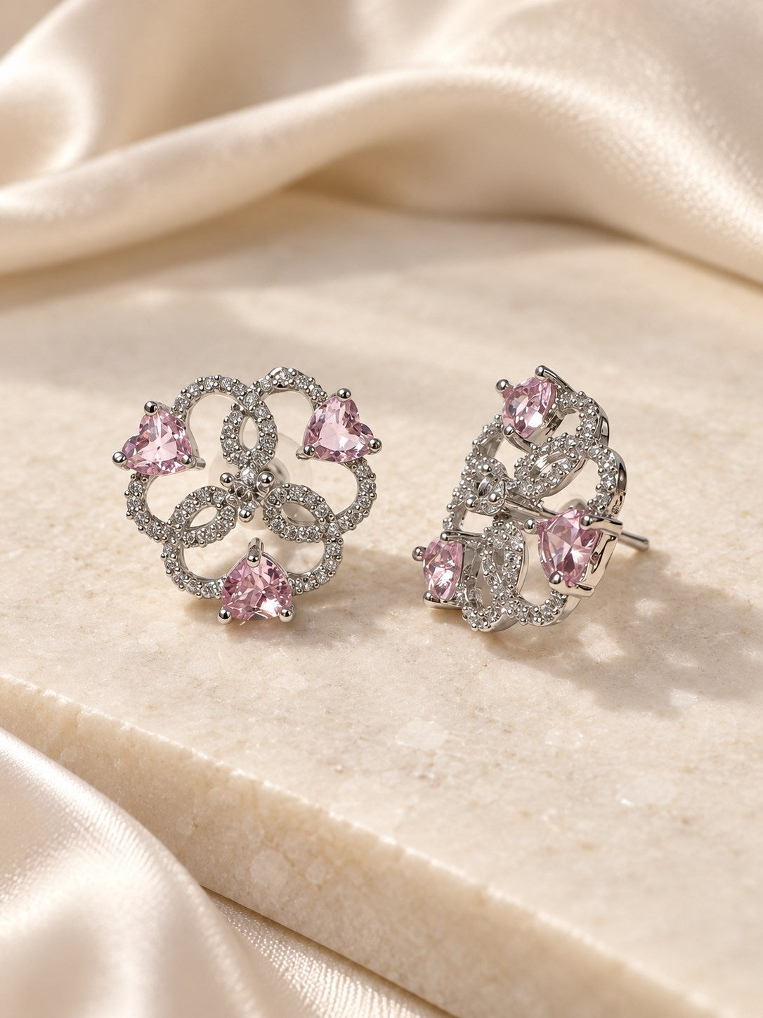 Pink Heart Stone Openwork Floral Stud Earrings in silver plating