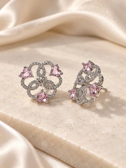 Pink Heart Stone Openwork Floral Stud Earrings in silver plating