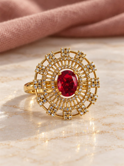 Red Stone Oval Baguette Halo Ring - Gold Plated, additional view 3