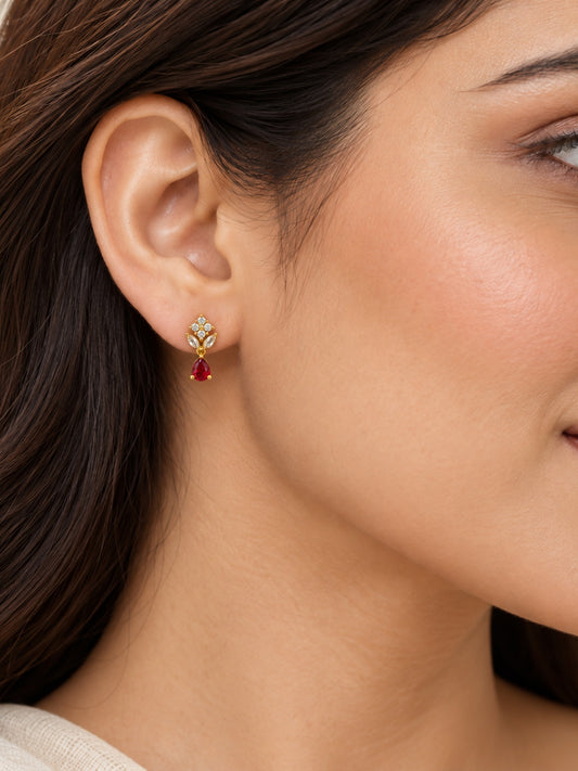 Red Teardrop Floral Drop Earrings - Gold Plated, model close-up