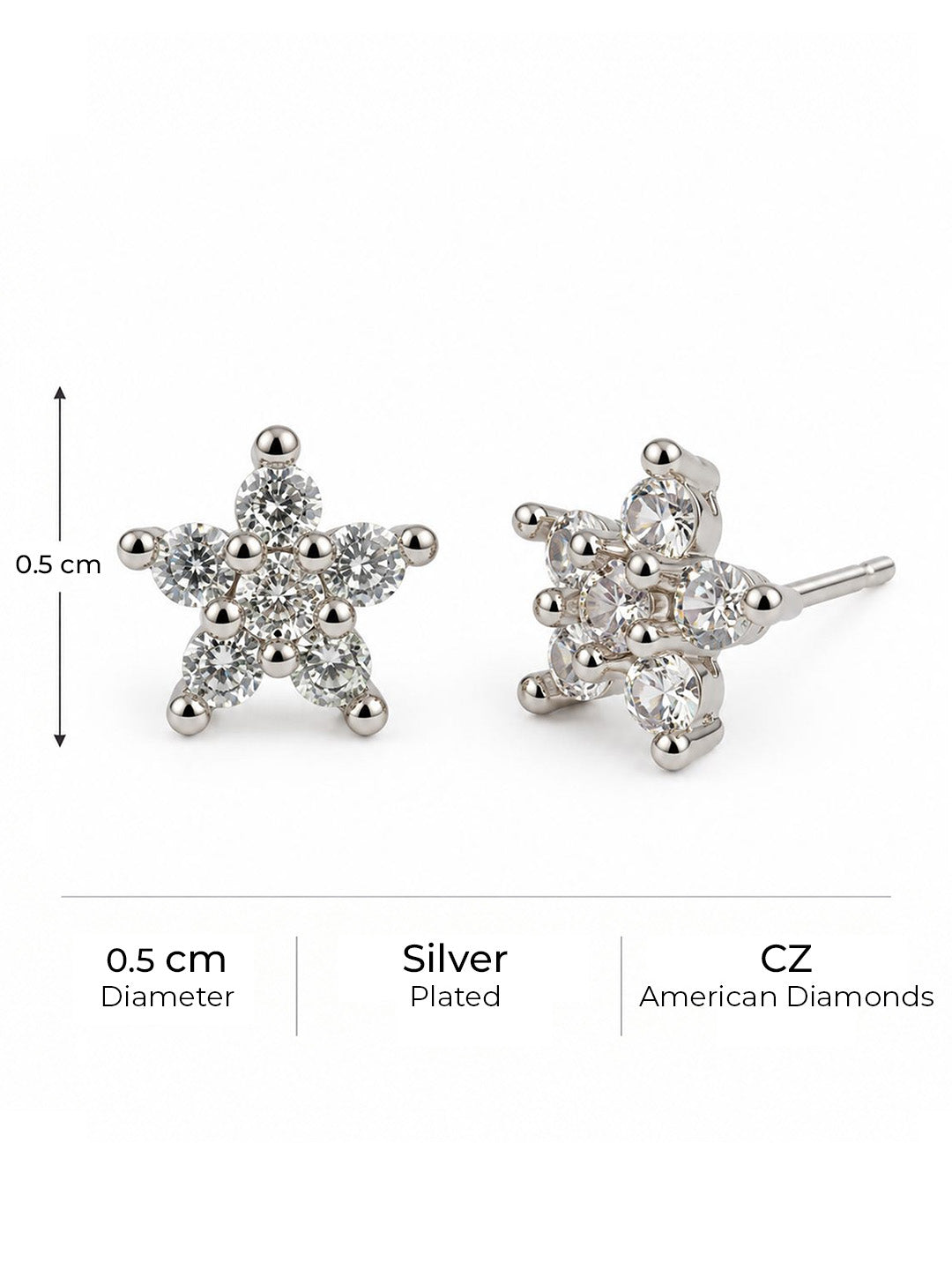 Clear Stone Star Flower Stud Earrings, silver plated, size and plating details