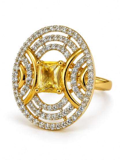 Yellow Center Stone Oval Geometric Halo Ring - Gold Plated
