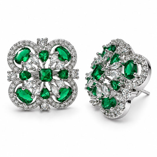 Green Scrollwork Floral Stud Earrings in silver plating